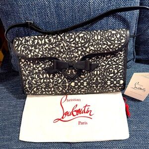 CHRISTIAN LOUBOUTIN AUTHENTIC EVITAS PAMPAS LASER CUT BLACK LEATHER SHOULDER BAG